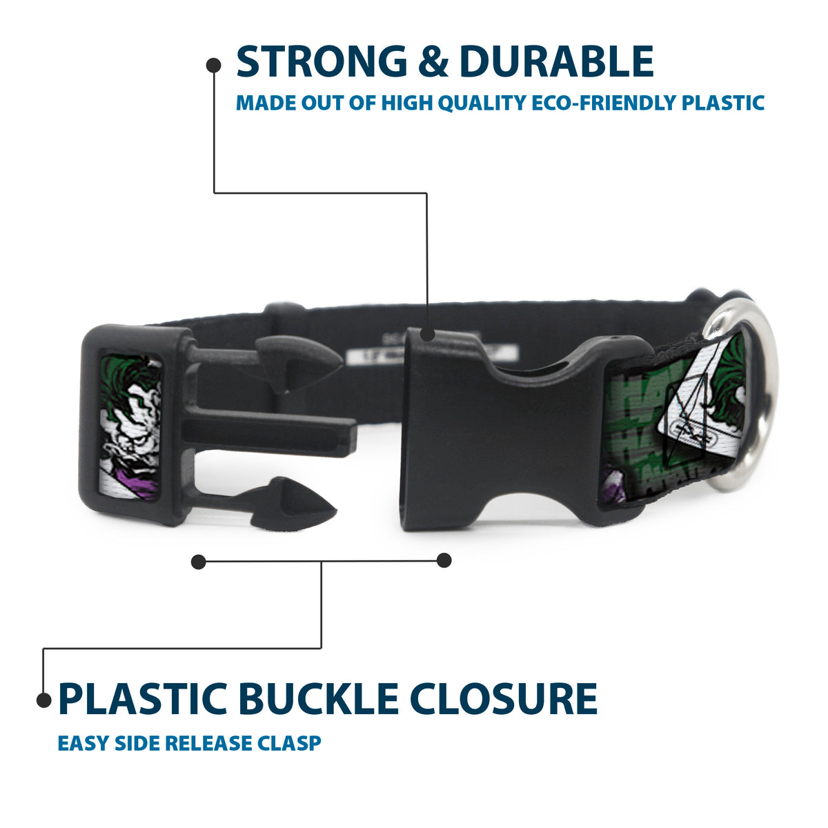 Plastic Clip Collar - The Joker 4-Poses/Joker Card HAHA/Smile/BANG! Grays/Greens/Purples Dog Collars Plastic Clip Side Release DC Comics