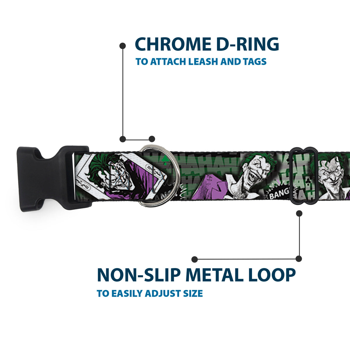 Plastic Clip Collar - The Joker 4-Poses/Joker Card HAHA/Smile/BANG! Grays/Greens/Purples Dog Collars Plastic Clip Side Release DC Comics