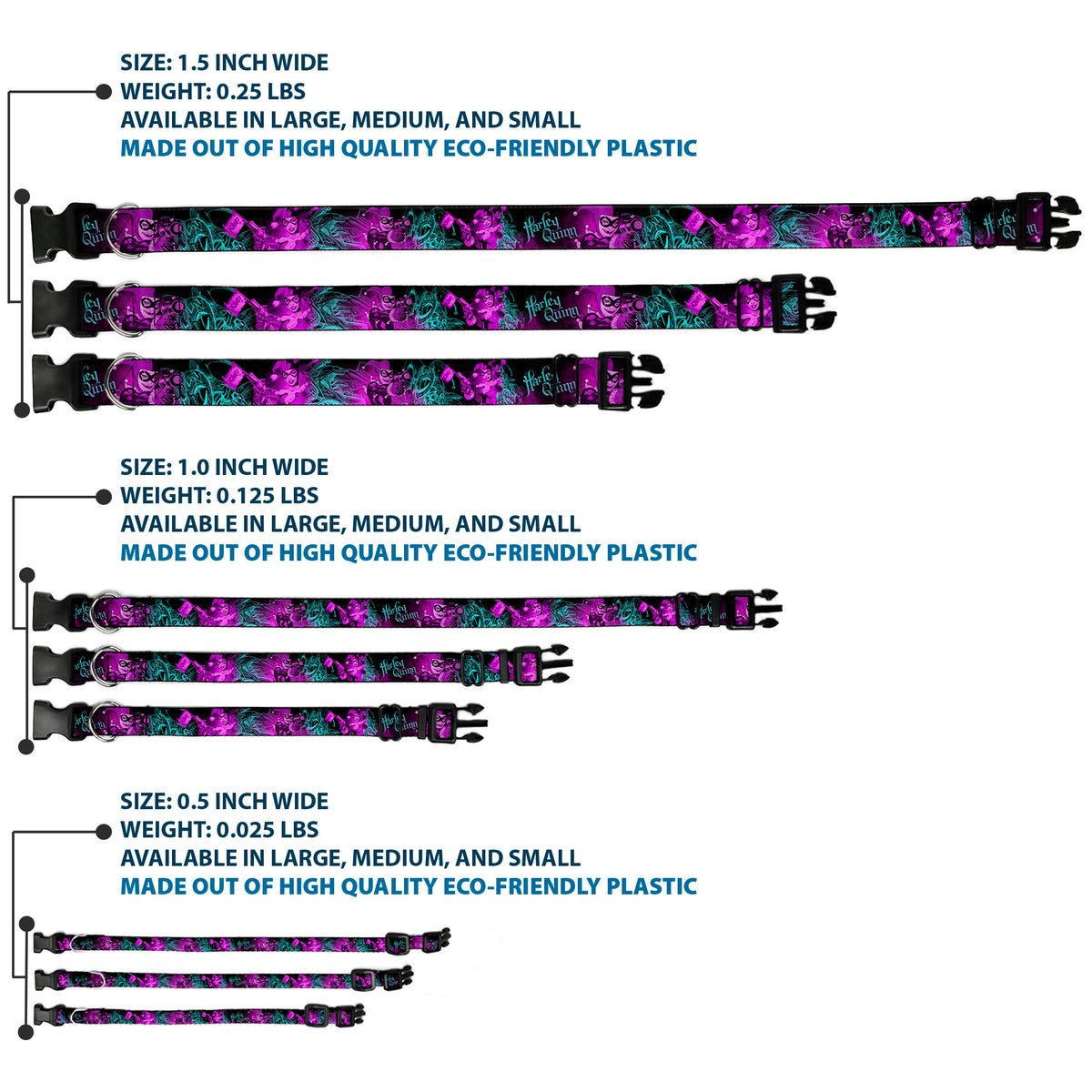 Plastic Clip Collar - HARLEY QUINN Pow & Aiming Poses/Joker Sketch Black/Turquoise/Fuchsia Dog Collars Plastic Clip Side Release DC Comics