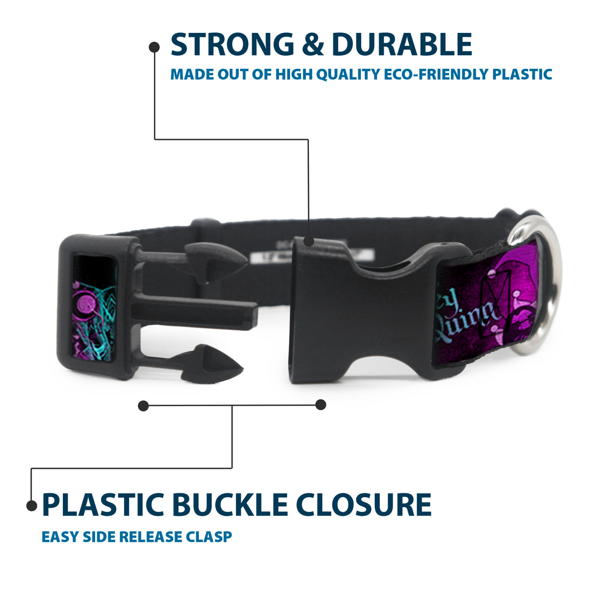 Plastic Clip Collar - HARLEY QUINN Pow & Aiming Poses/Joker Sketch Black/Turquoise/Fuchsia Dog Collars Plastic Clip Side Release DC Comics