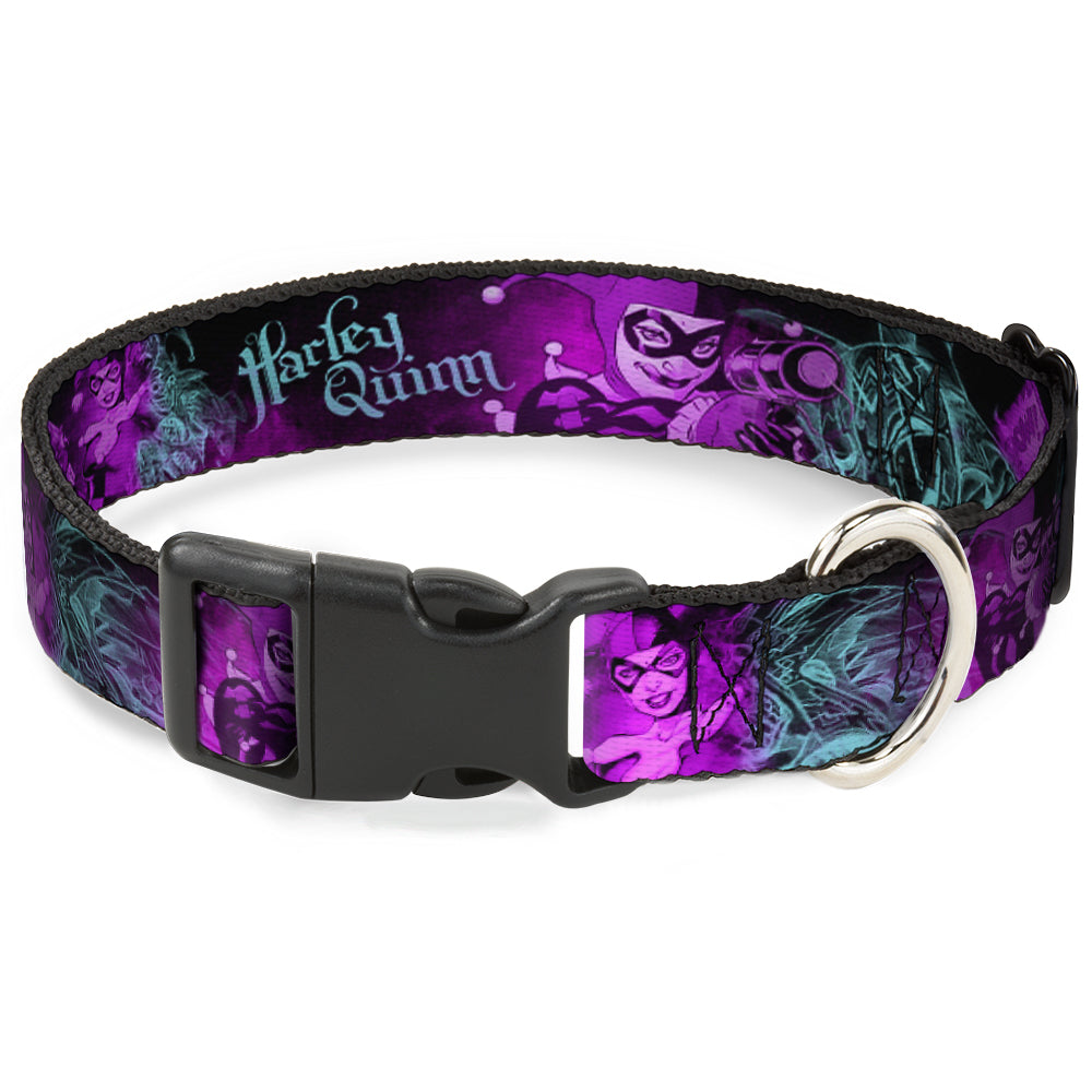 Plastic Clip Collar - HARLEY QUINN Pow & Aiming Poses/Joker Sketch Black/Turquoise/Fuchsia Dog Collars Plastic Clip Side Release DC Comics