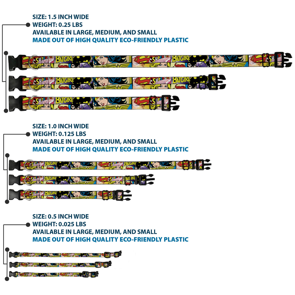 Plastic Clip Collar - Superheroines Wonder Woman/Supergirl/Batgirl Dog Collars Plastic Clip Side Release DC Comics