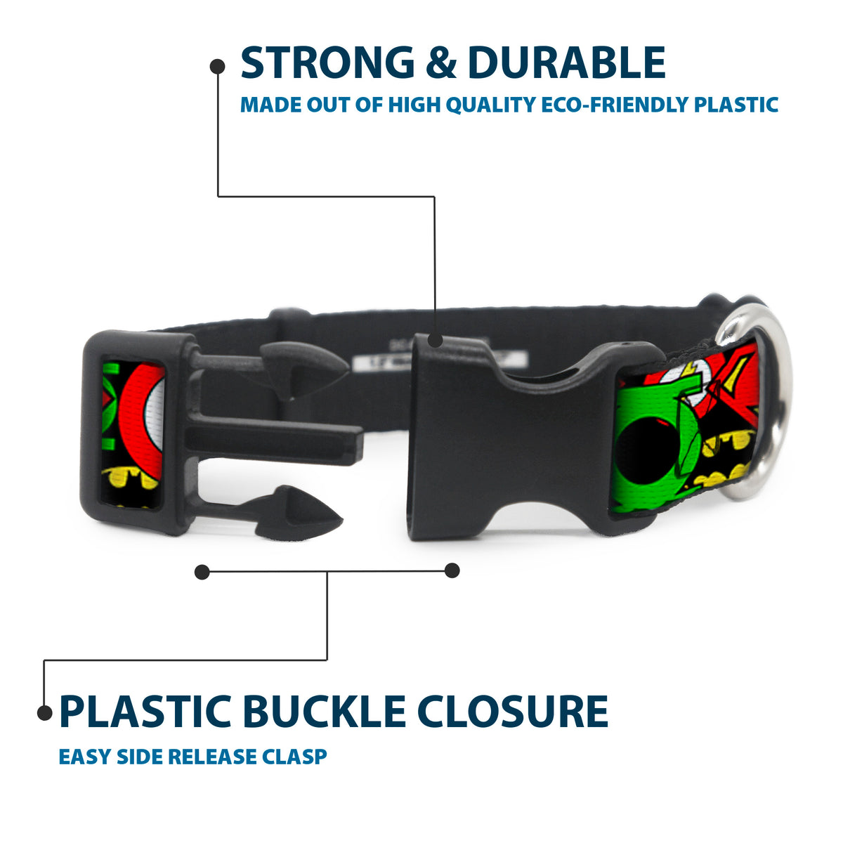 Plastic Clip Collar - Justice League Stacked Logos Dog Collars Plastic Clip Side Release DC Comics