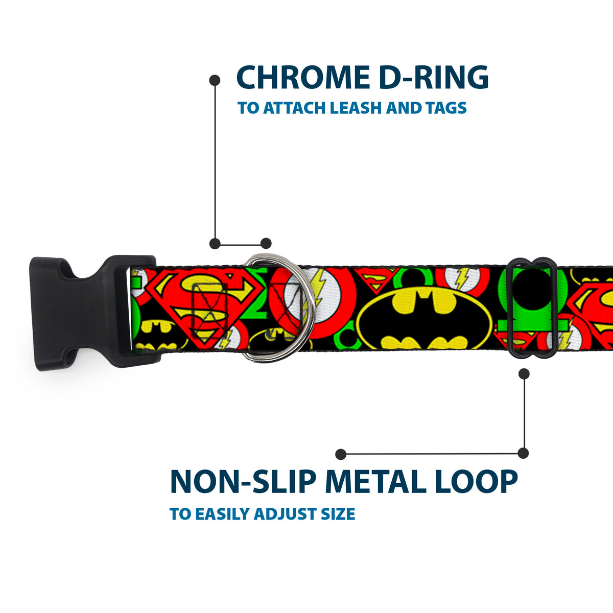 Plastic Clip Collar - Justice League Stacked Logos Dog Collars Plastic Clip Side Release DC Comics