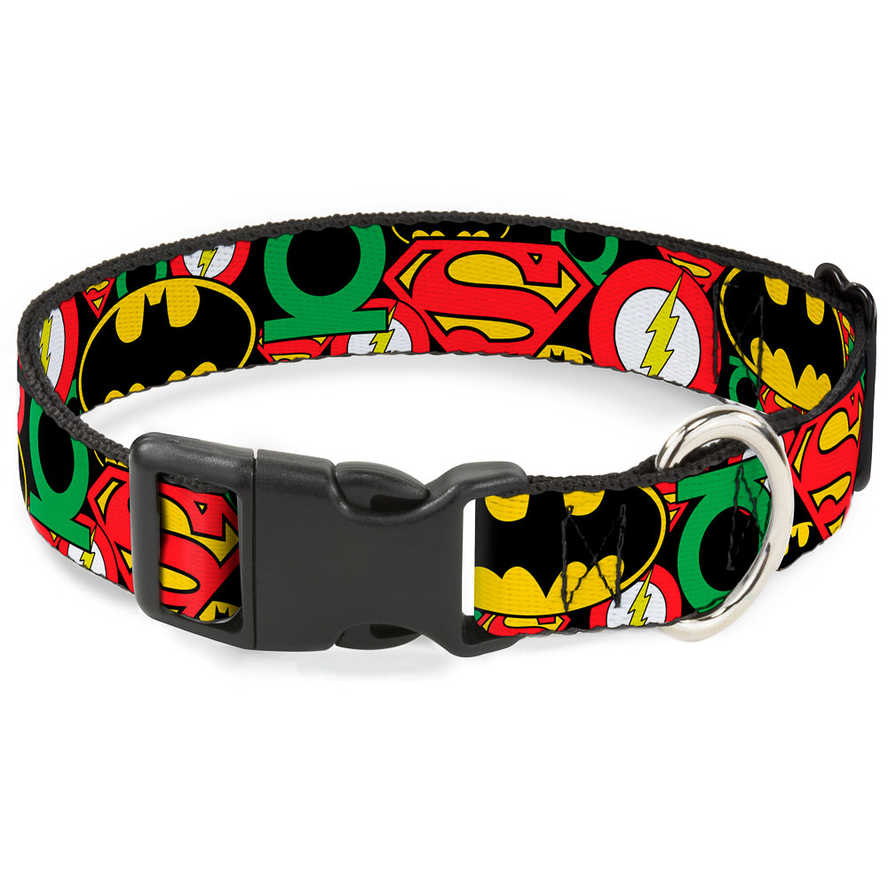 Plastic Clip Collar - Justice League Stacked Logos Dog Collars Plastic Clip Side Release DC Comics