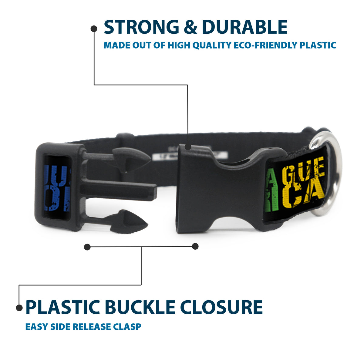 Plastic Clip Collar - JUSTICE LEAGUE OF AMERICA w/Superhero Blocks Black/Multi Color Dog Collars Plastic Clip Side Release DC Comics
