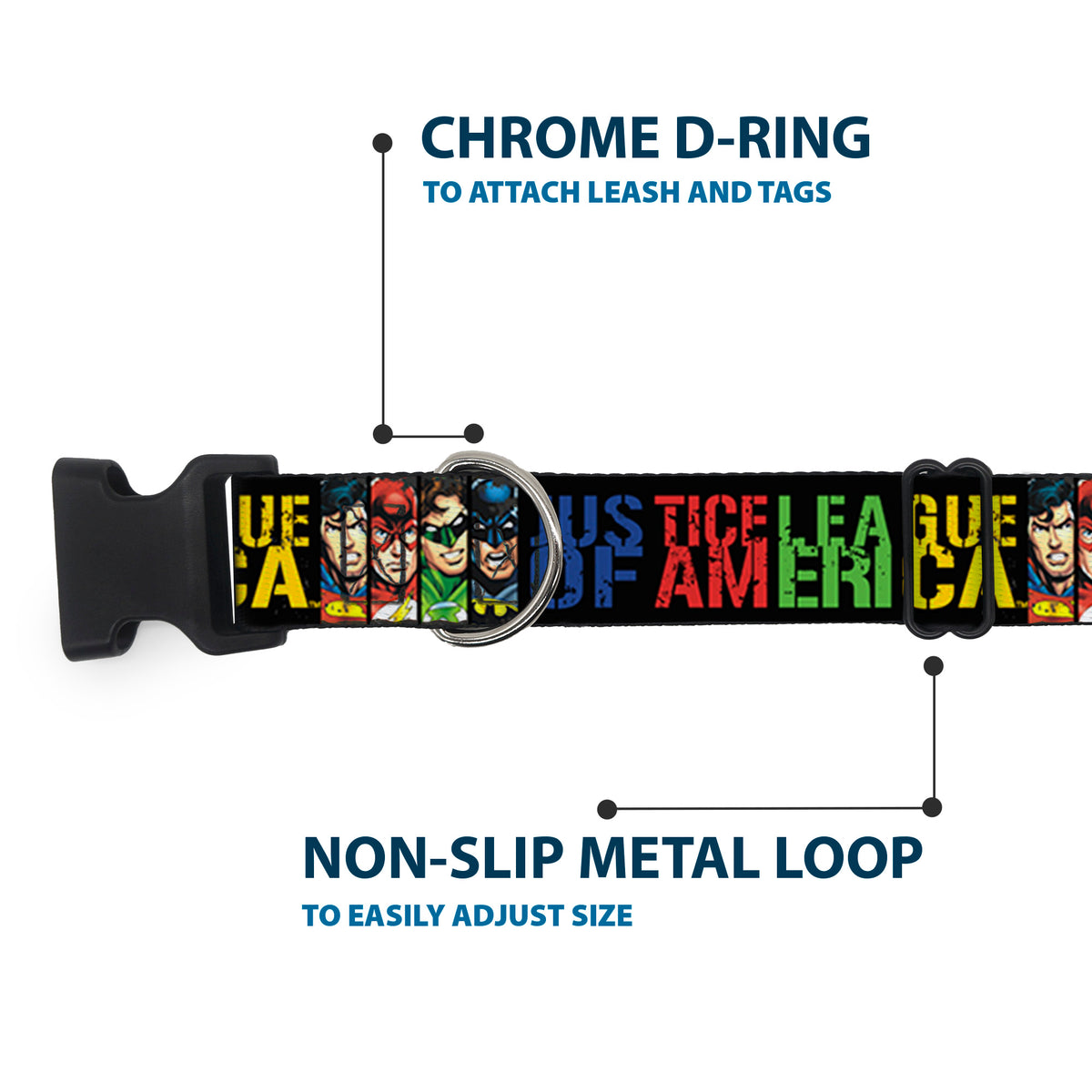 Plastic Clip Collar - JUSTICE LEAGUE OF AMERICA w/Superhero Blocks Black/Multi Color Dog Collars Plastic Clip Side Release DC Comics