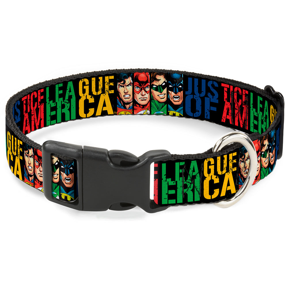 Plastic Clip Collar - JUSTICE LEAGUE OF AMERICA w/Superhero Blocks Black/Multi Color Dog Collars Plastic Clip Side Release DC Comics