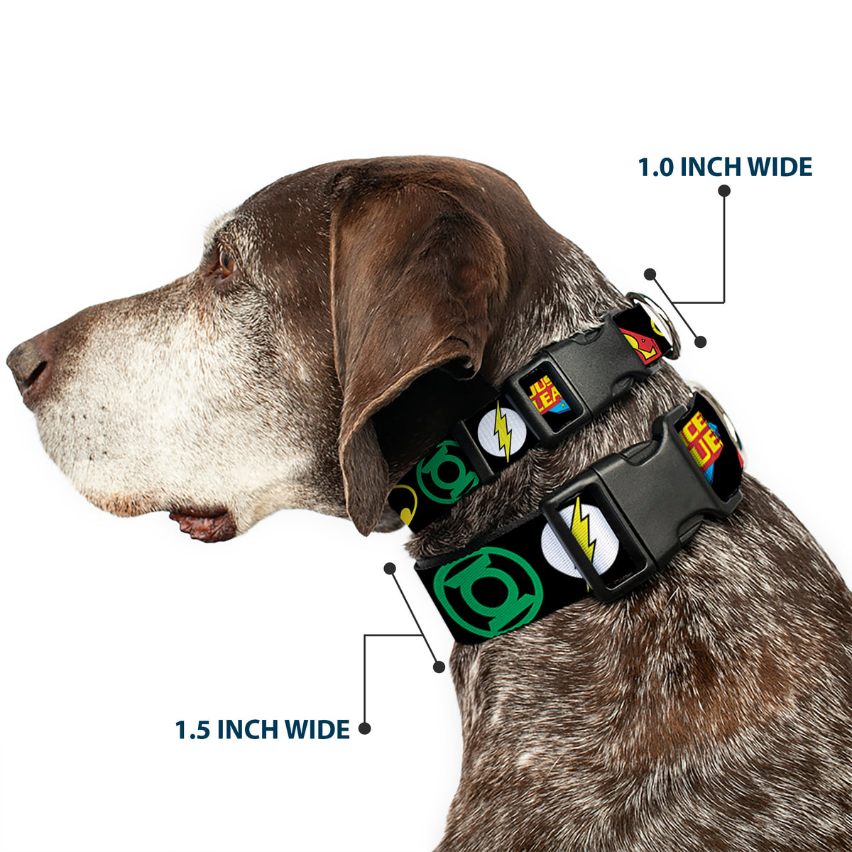 Plastic Clip Collar - Justice League Superhero Logos CLOSE-UP Black Dog Collars Plastic Clip Side Release DC Comics