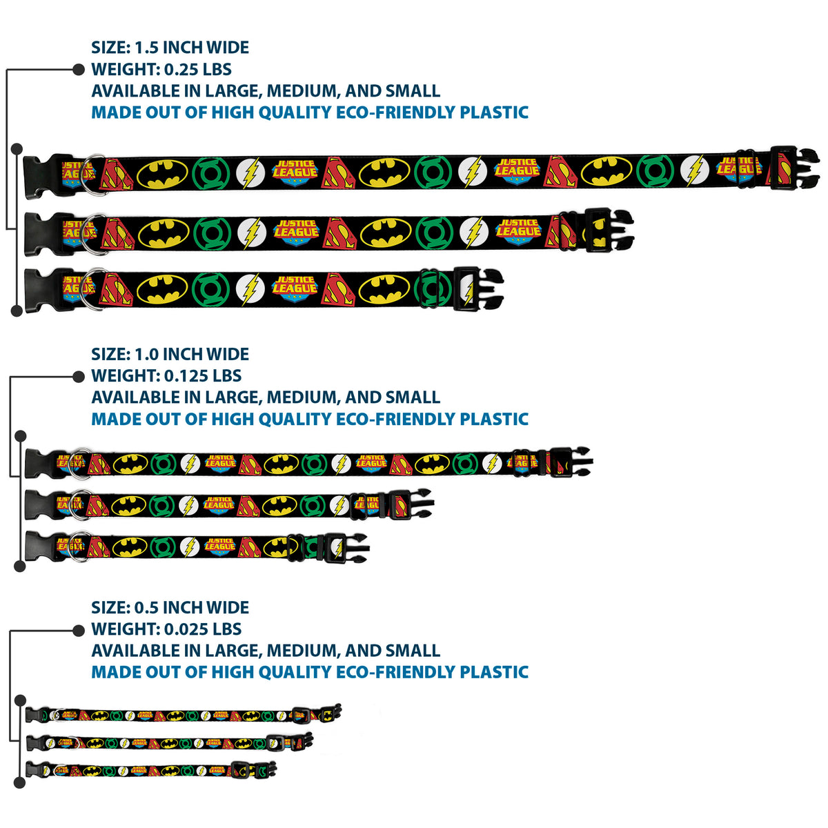 Plastic Clip Collar - Justice League Superhero Logos CLOSE-UP Black Dog Collars Plastic Clip Side Release DC Comics