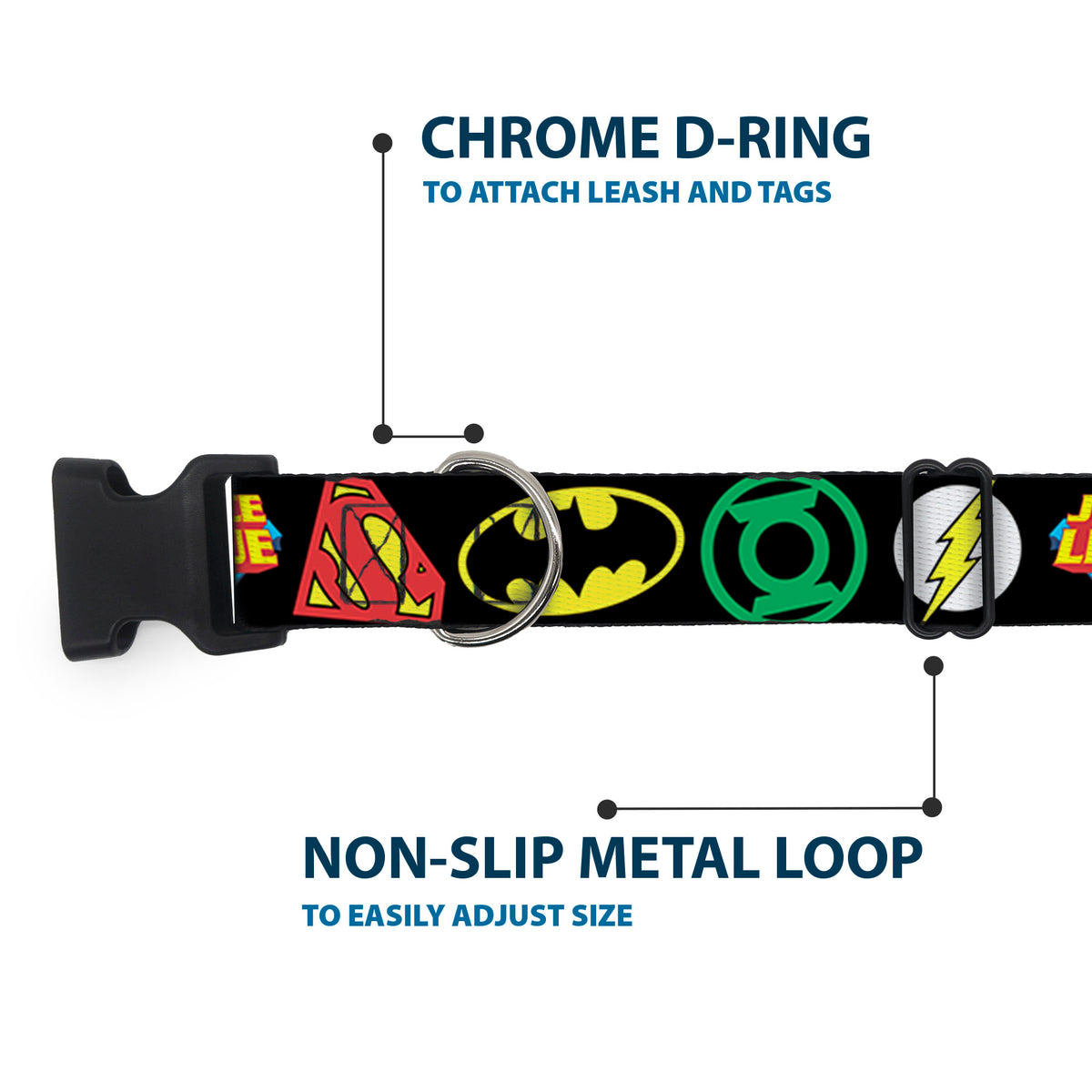 Plastic Clip Collar - Justice League Superhero Logos CLOSE-UP Black Dog Collars Plastic Clip Side Release DC Comics