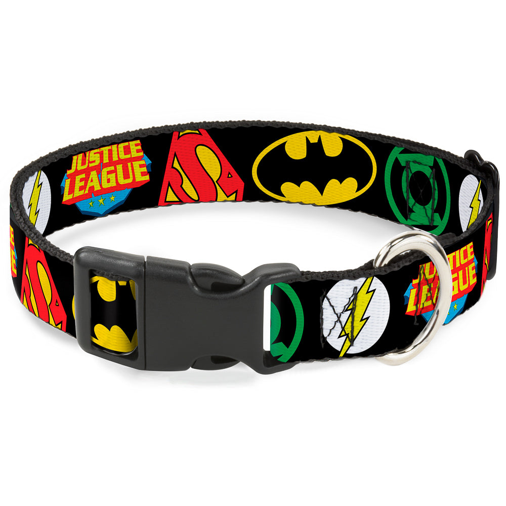 Plastic Clip Collar - Justice League Superhero Logos CLOSE-UP Black Dog Collars Plastic Clip Side Release DC Comics