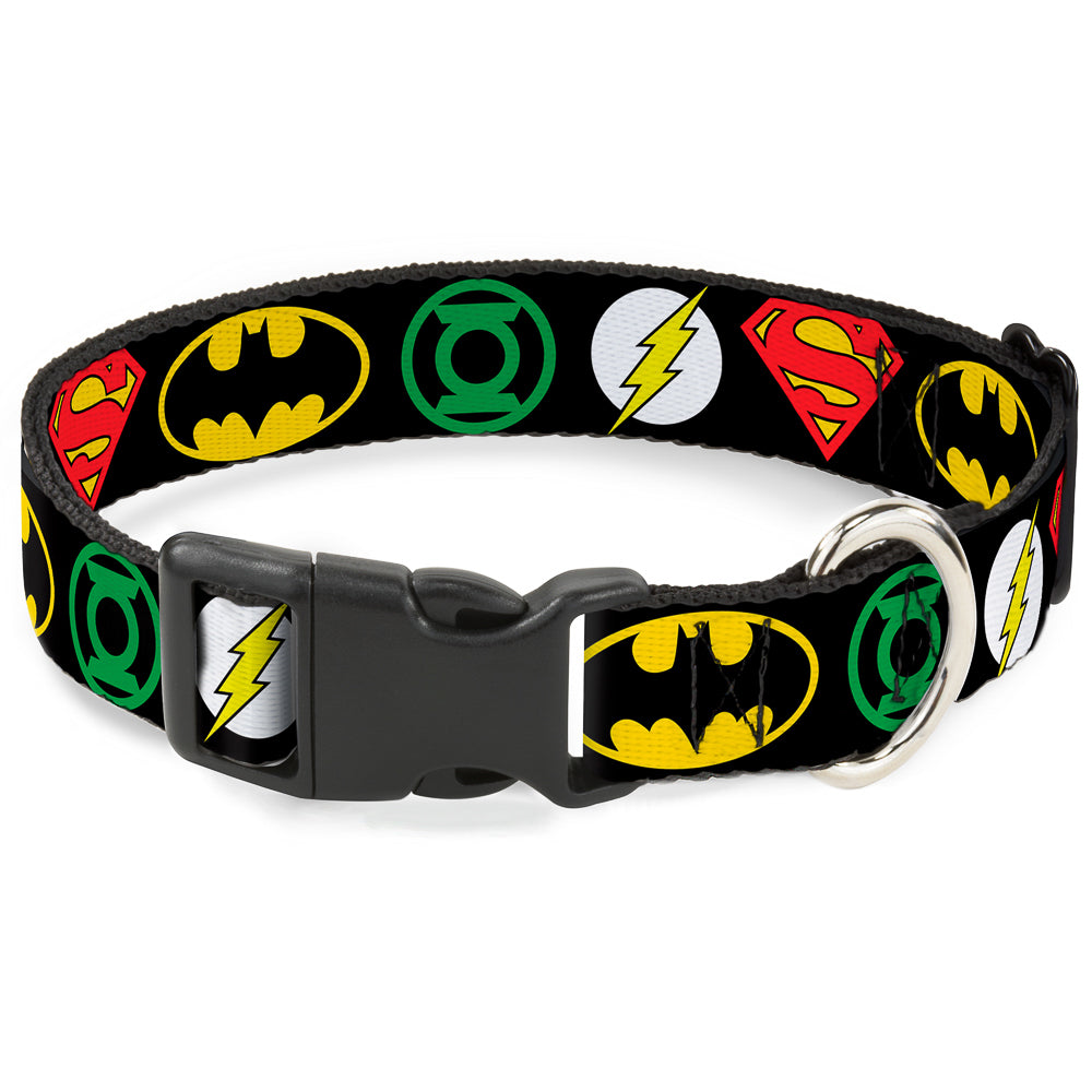 Plastic Clip Collar - Justice League Superhero Logos Dog Collars Plastic Clip Side Release DC Comics