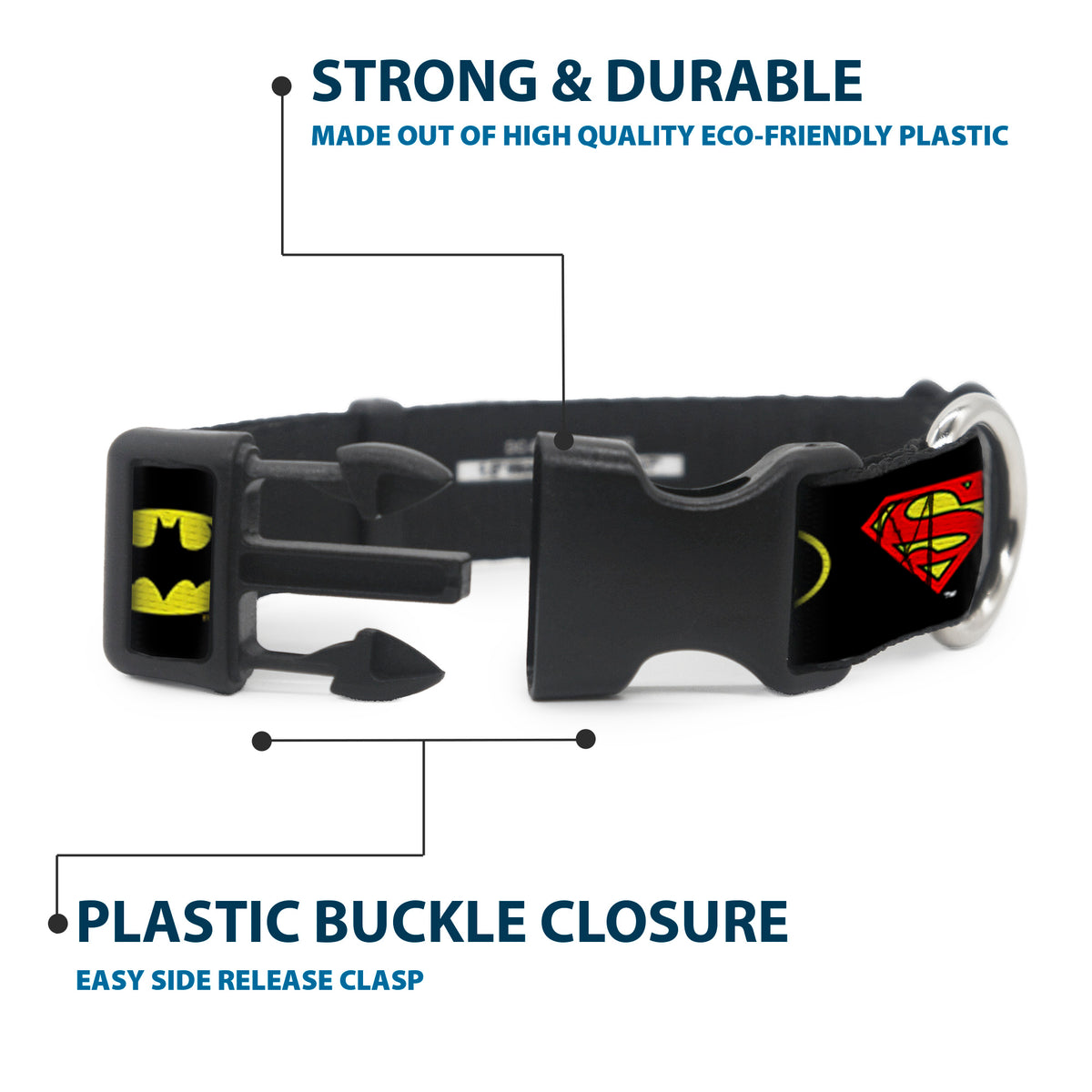 Plastic Clip Collar - Justice League 6-Superhero Logos Black Dog Collars Plastic Clip Side Release DC Comics