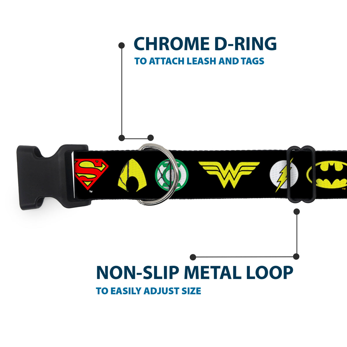 Plastic Clip Collar - Justice League 6-Superhero Logos Black Dog Collars Plastic Clip Side Release DC Comics