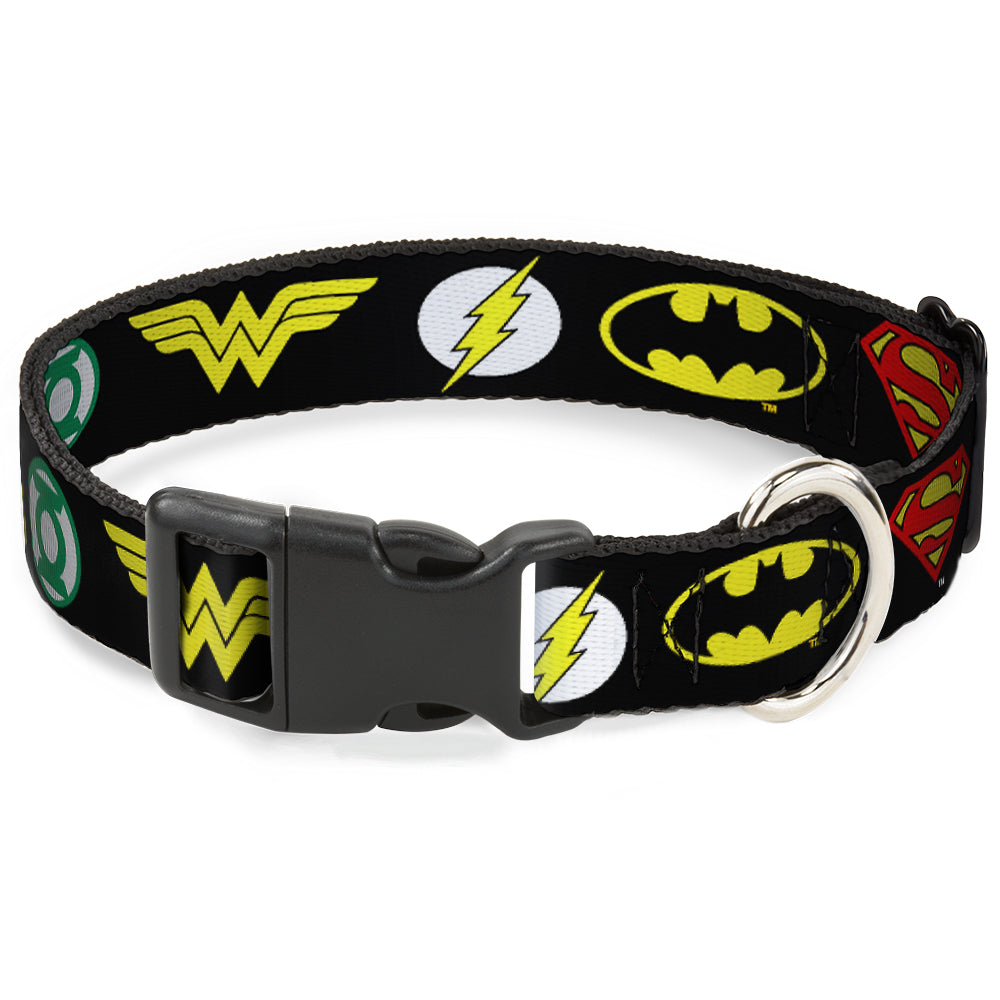 Plastic Clip Collar - Justice League 6-Superhero Logos Black Dog Collars Plastic Clip Side Release DC Comics