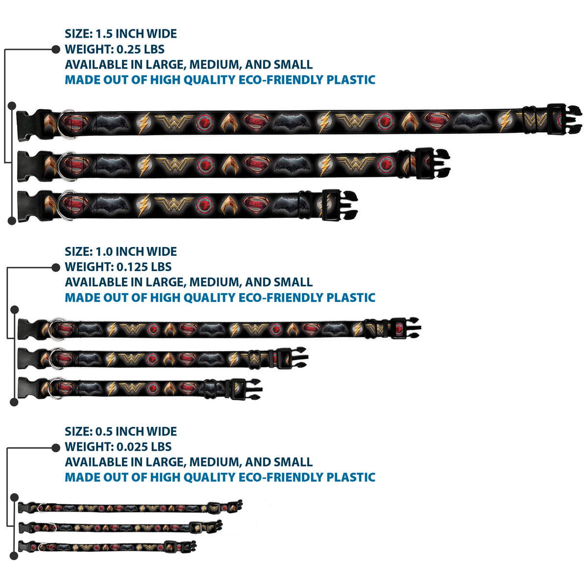 Plastic Clip Collar - Justice League 2017 6-Superhero Icons Black Dog Collars Plastic Clip Side Release DC Comics