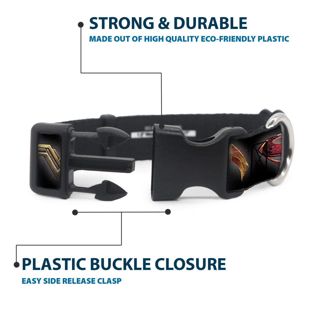 Plastic Clip Collar - Justice League 2017 6-Superhero Icons Black Dog Collars Plastic Clip Side Release DC Comics