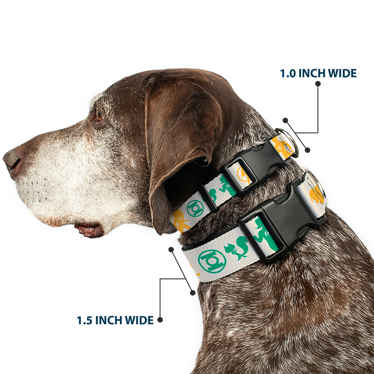 Plastic Clip Collar - DC League of Super-Pets Superhero with Pets and Logos Silhouette White/Multi Color Dog Collars Plastic Clip Side Release DC Comics