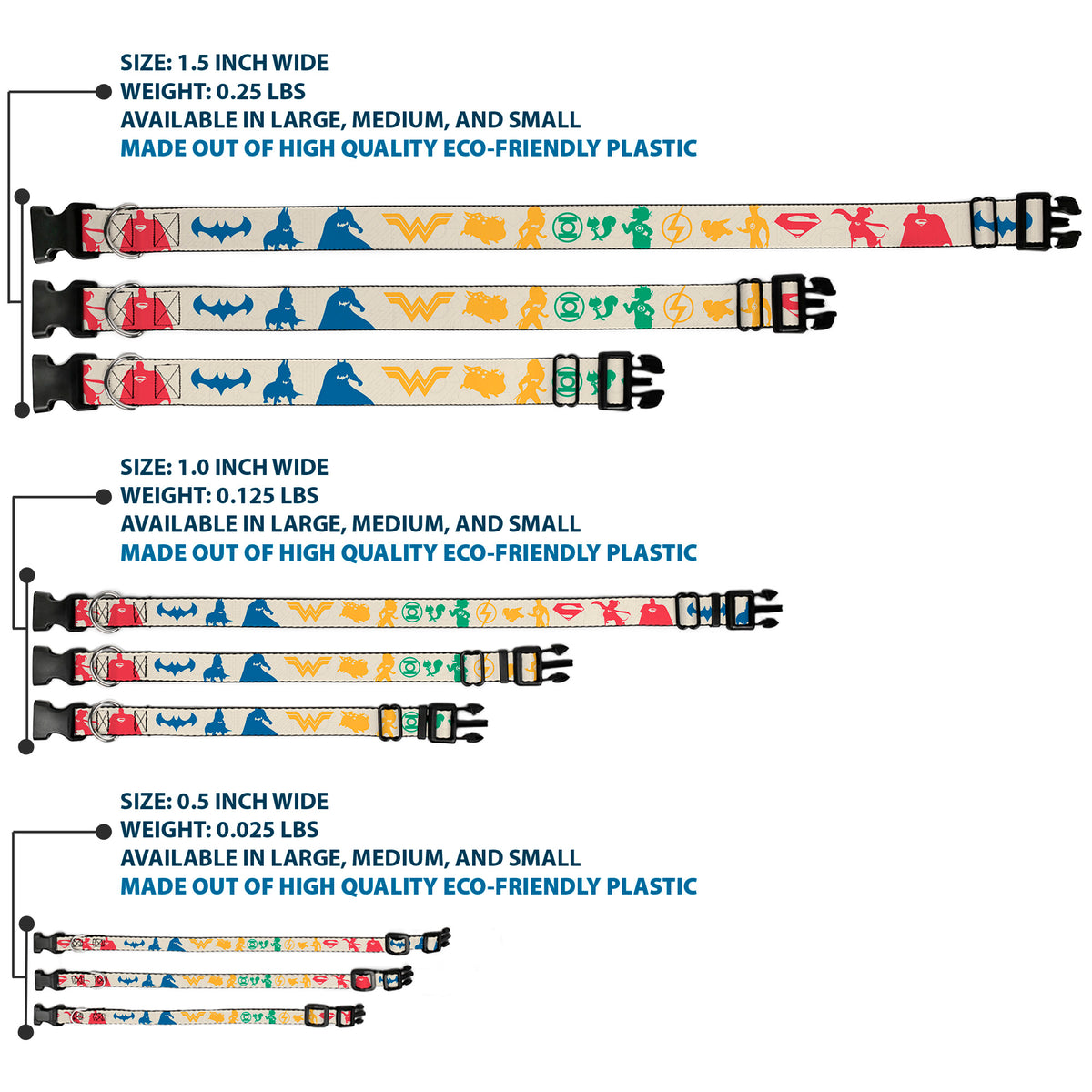 Plastic Clip Collar - DC League of Super-Pets Superhero with Pets and Logos Silhouette White/Multi Color Dog Collars Plastic Clip Side Release DC Comics