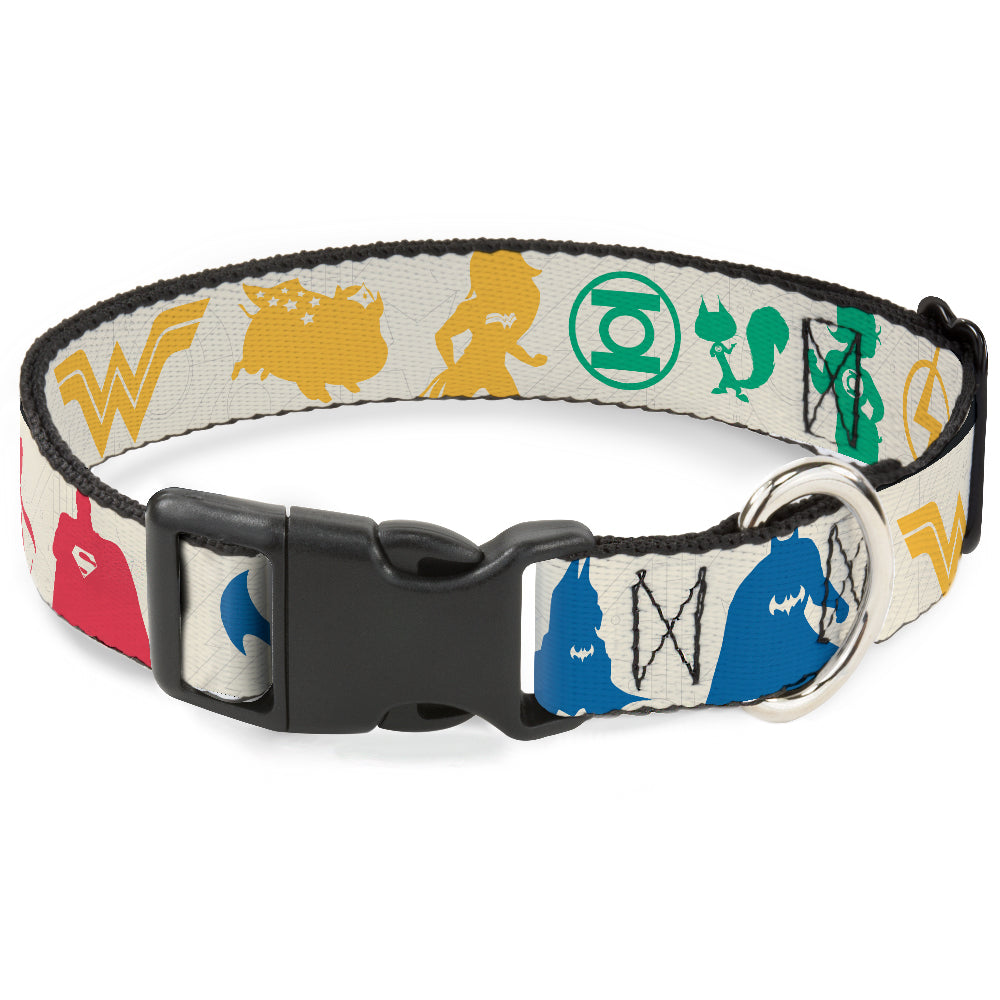 Plastic Clip Collar - DC League of Super-Pets Superhero with Pets and Logos Silhouette White/Multi Color Dog Collars Plastic Clip Side Release DC Comics