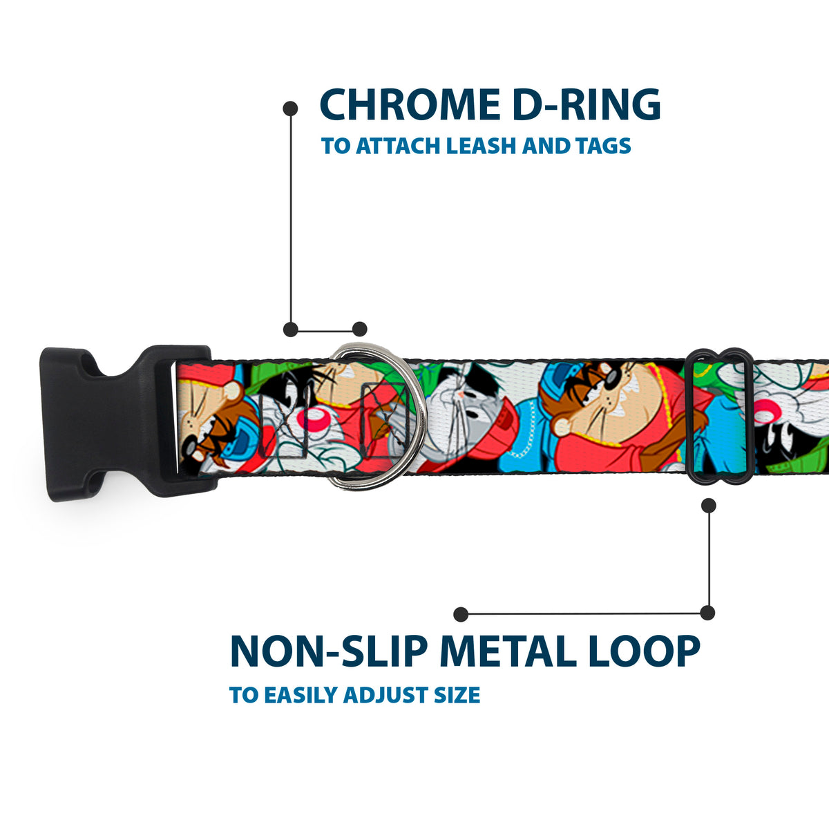 Plastic Clip Collar - Looney Tunes 3-B-Boy Stance Character Poses Stacked Dog Collars Plastic Clip Side Release Looney Tunes