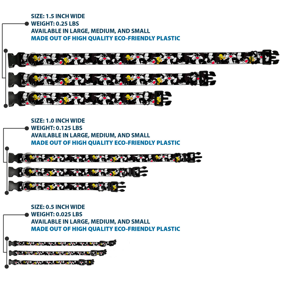 Plastic Clip Collar - Sylvester and Tweety Poses Scattered Charcoal Dog Collars Plastic Clip Side Release Looney Tunes