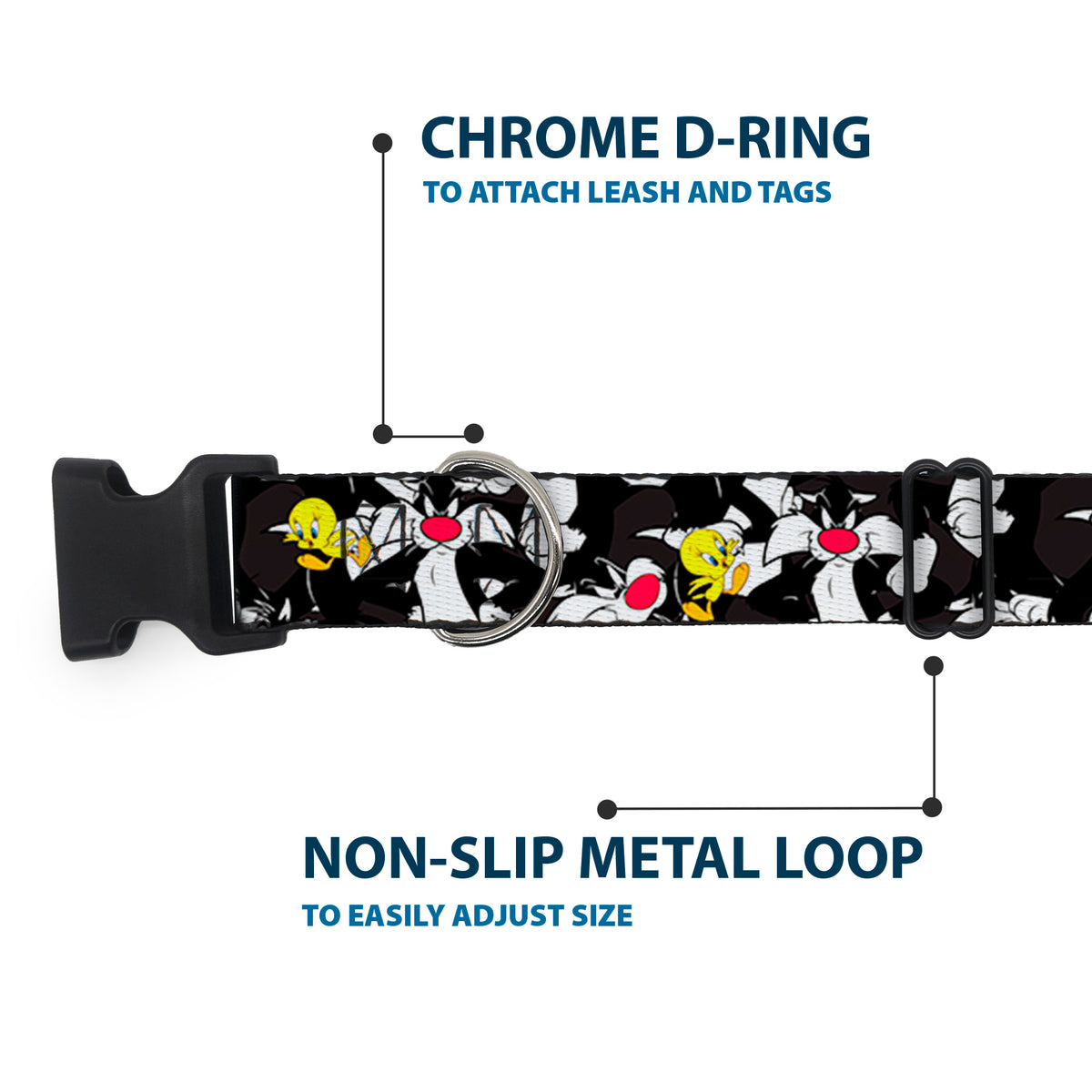 Plastic Clip Collar - Sylvester and Tweety Poses Scattered Charcoal Dog Collars Plastic Clip Side Release Looney Tunes