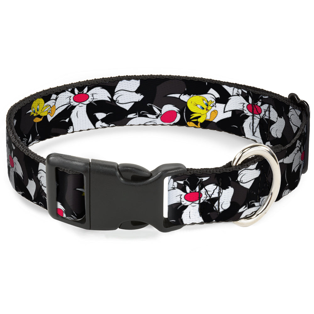 Plastic Clip Collar - Sylvester and Tweety Poses Scattered Charcoal Dog Collars Plastic Clip Side Release Looney Tunes