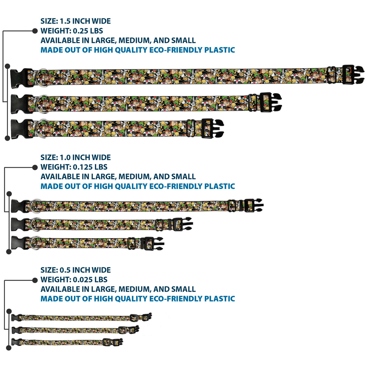 Plastic Clip Collar - Looney Tunes 6-Character Stacked Collage4 Dog Collars Plastic Clip Side Release Looney Tunes