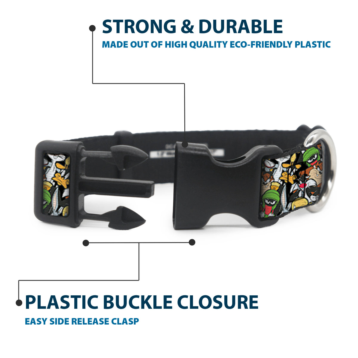 Plastic Clip Collar - Looney Tunes 6-Character Stacked Collage4 Dog Collars Plastic Clip Side Release Looney Tunes