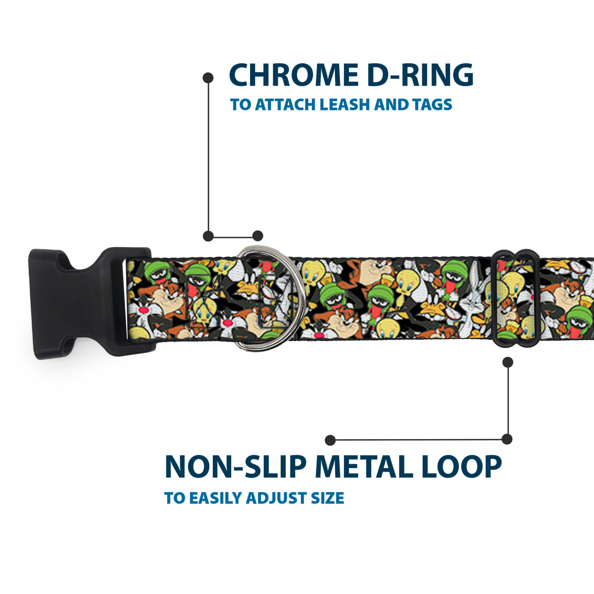 Plastic Clip Collar - Looney Tunes 6-Character Stacked Collage4 Dog Collars Plastic Clip Side Release Looney Tunes