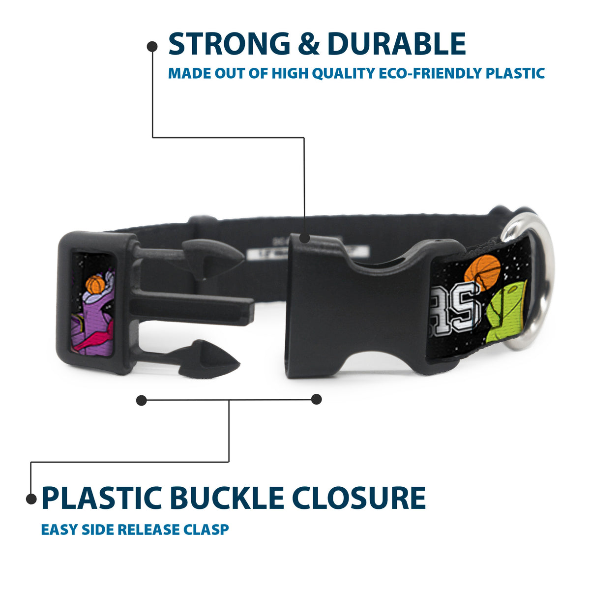 Plastic Clip Collar - Space Jam MONSTARS 5-Player Group Pose/Basketballs Galaxy Black/White Dog Collars Plastic Clip Side Release Looney Tunes