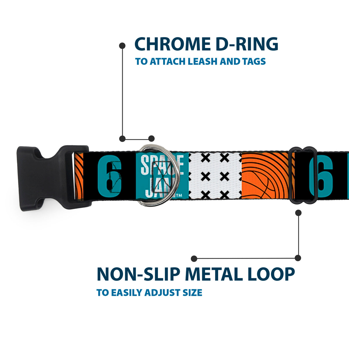 Plastic Clip Collar - SPACE JAM Number 6 Blocks Black/Turquoise/White/Red Dog Collars Plastic Clip Side Release Looney Tunes