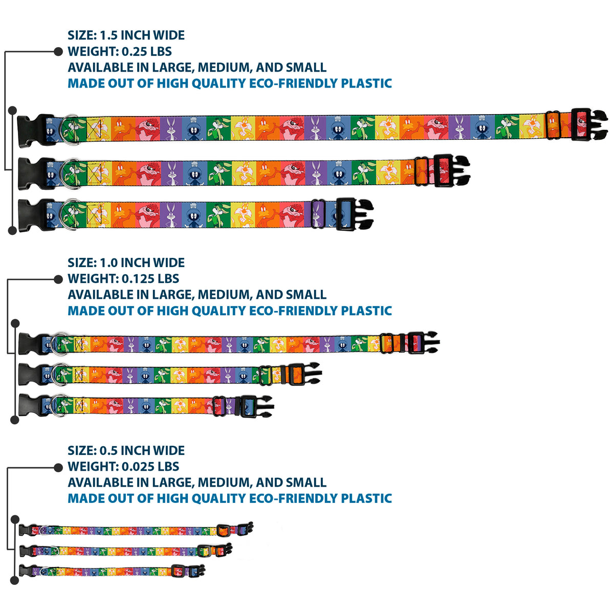 Plastic Clip Collar - Looney Tunes 6-Character Pose Pride Blocks Multi Color Dog Collars Plastic Clip Side Release Looney Tunes