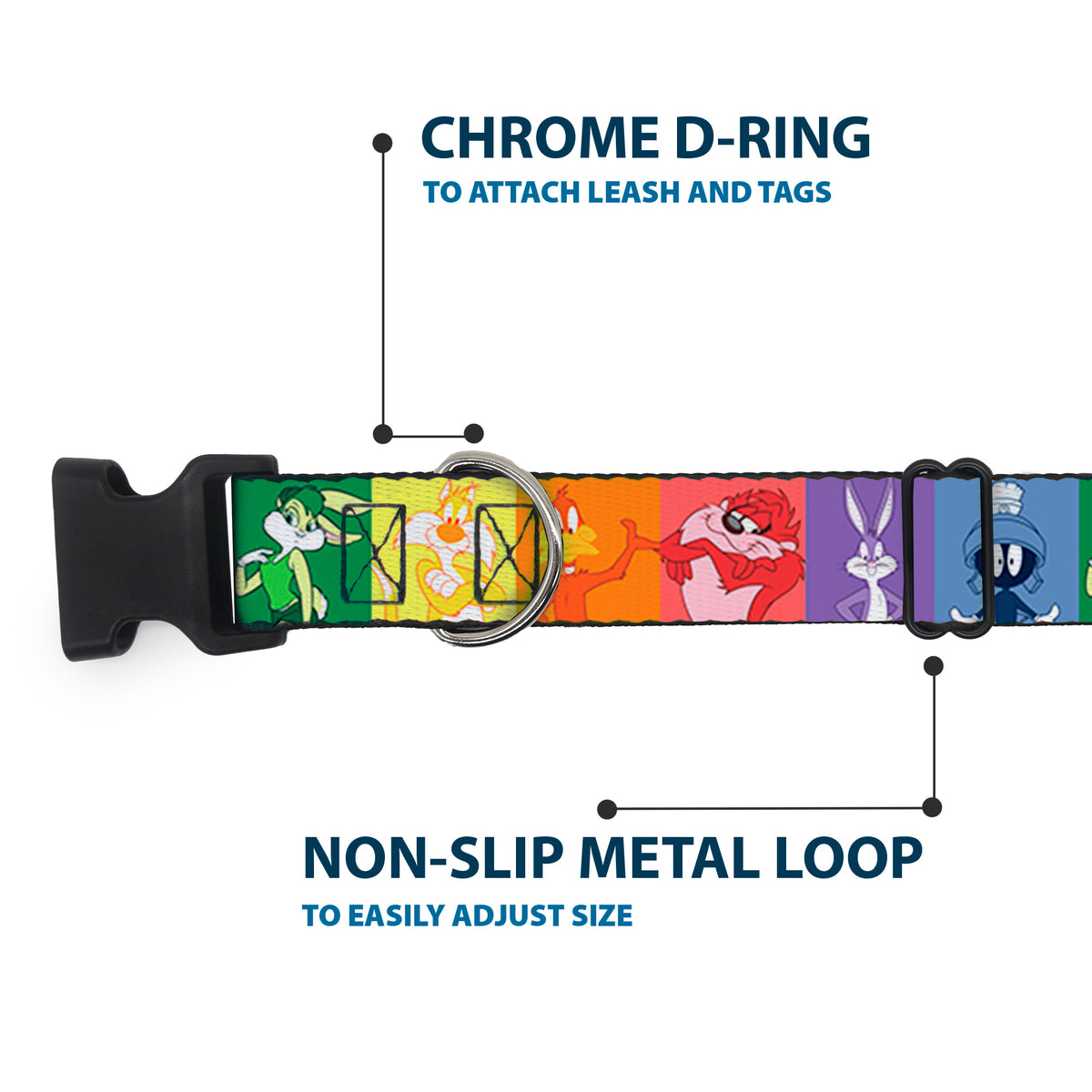 Plastic Clip Collar - Looney Tunes 6-Character Pose Pride Blocks Multi Color Dog Collars Plastic Clip Side Release Looney Tunes