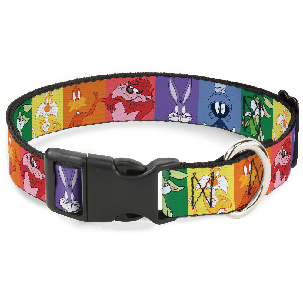 Plastic Clip Collar - Looney Tunes 6-Character Pose Pride Blocks Multi Color Dog Collars Plastic Clip Side Release Looney Tunes