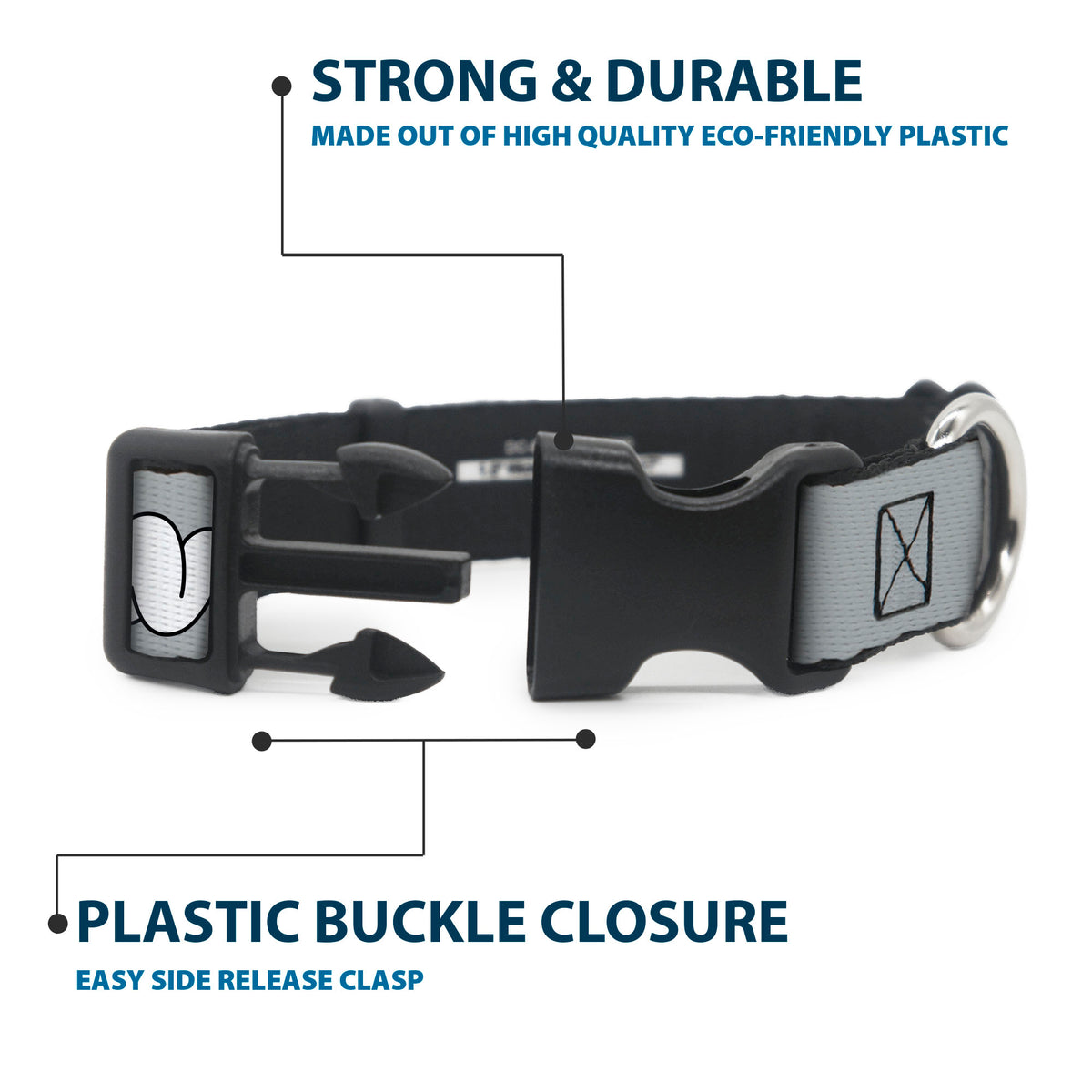 Plastic Clip Collar - BUGS BUNNY Smiling Face Text Gray Dog Collars Plastic Clip Side Release Looney Tunes