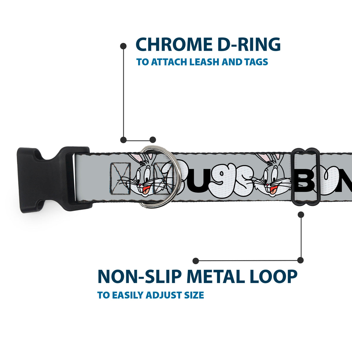 Plastic Clip Collar - BUGS BUNNY Smiling Face Text Gray Dog Collars Plastic Clip Side Release Looney Tunes