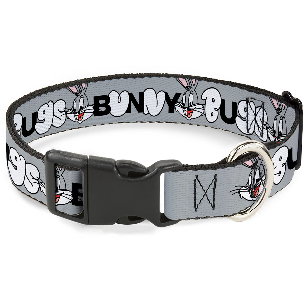Plastic Clip Collar - BUGS BUNNY Smiling Face Text Gray Dog Collars Plastic Clip Side Release Looney Tunes