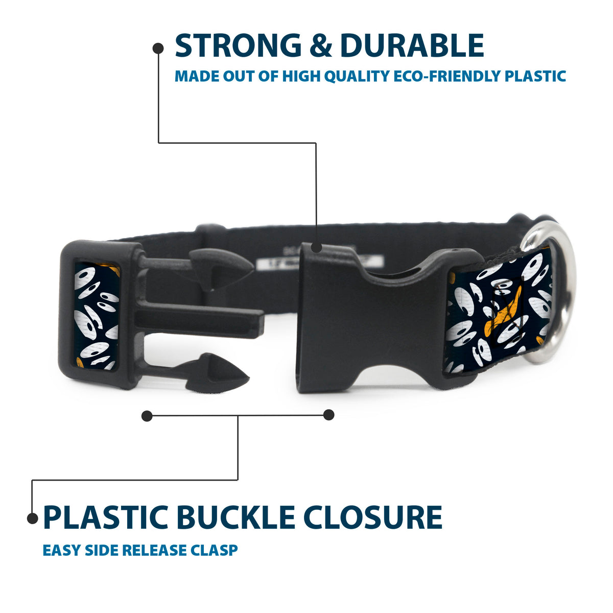 Plastic Clip Collar - Daffy Duck Expression and Eyes Scattered Black/White Dog Collars Plastic Clip Side Release Looney Tunes