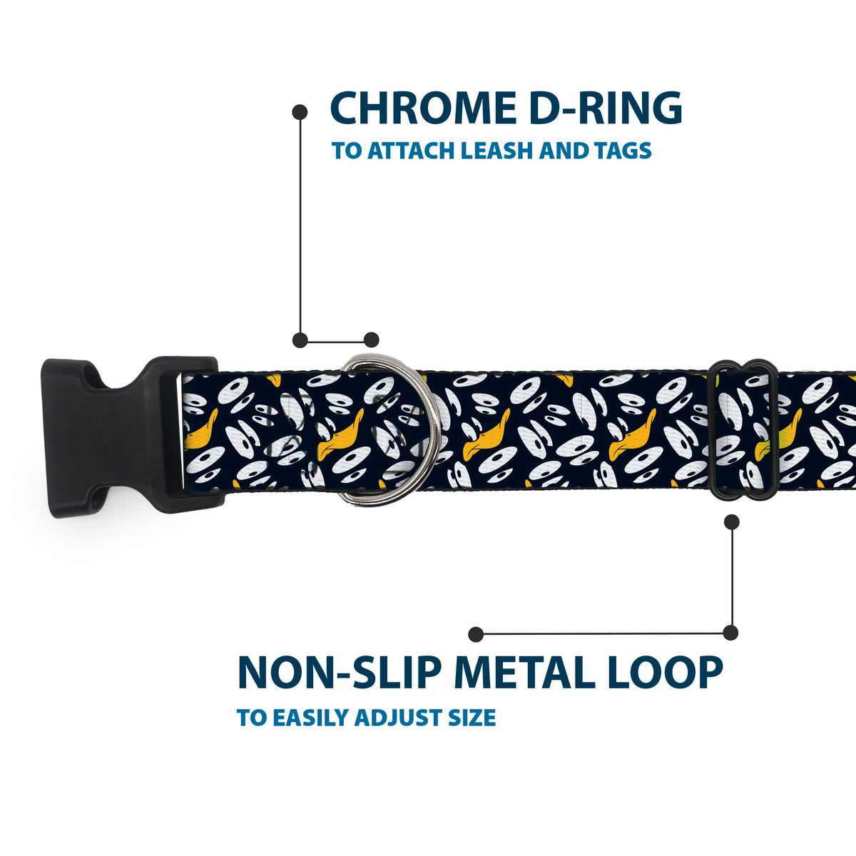 Plastic Clip Collar - Daffy Duck Expression and Eyes Scattered Black/White Dog Collars Plastic Clip Side Release Looney Tunes