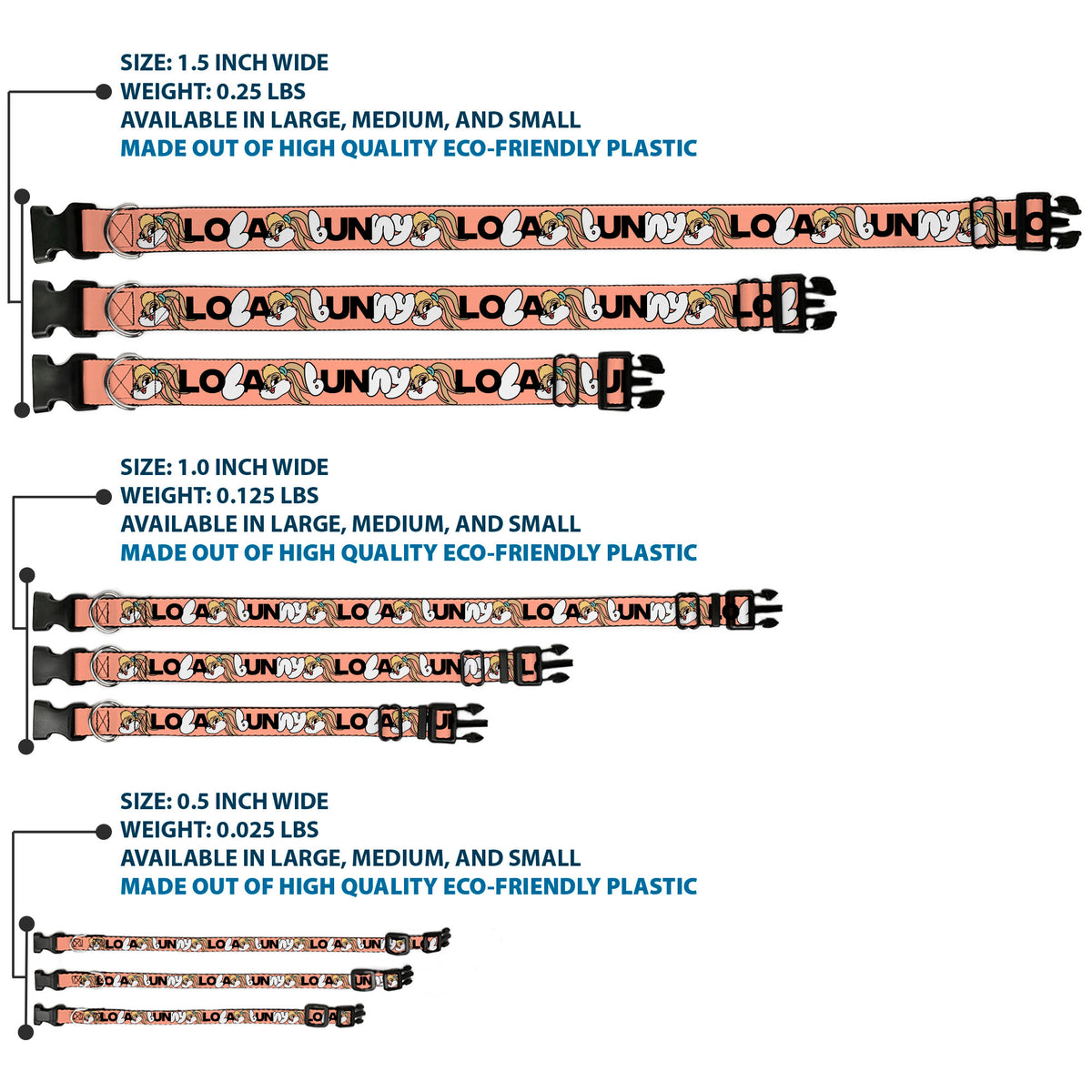 Plastic Clip Collar - LOLA BUNNY Smiling Face Text Peach Dog Collars Plastic Clip Side Release Looney Tunes