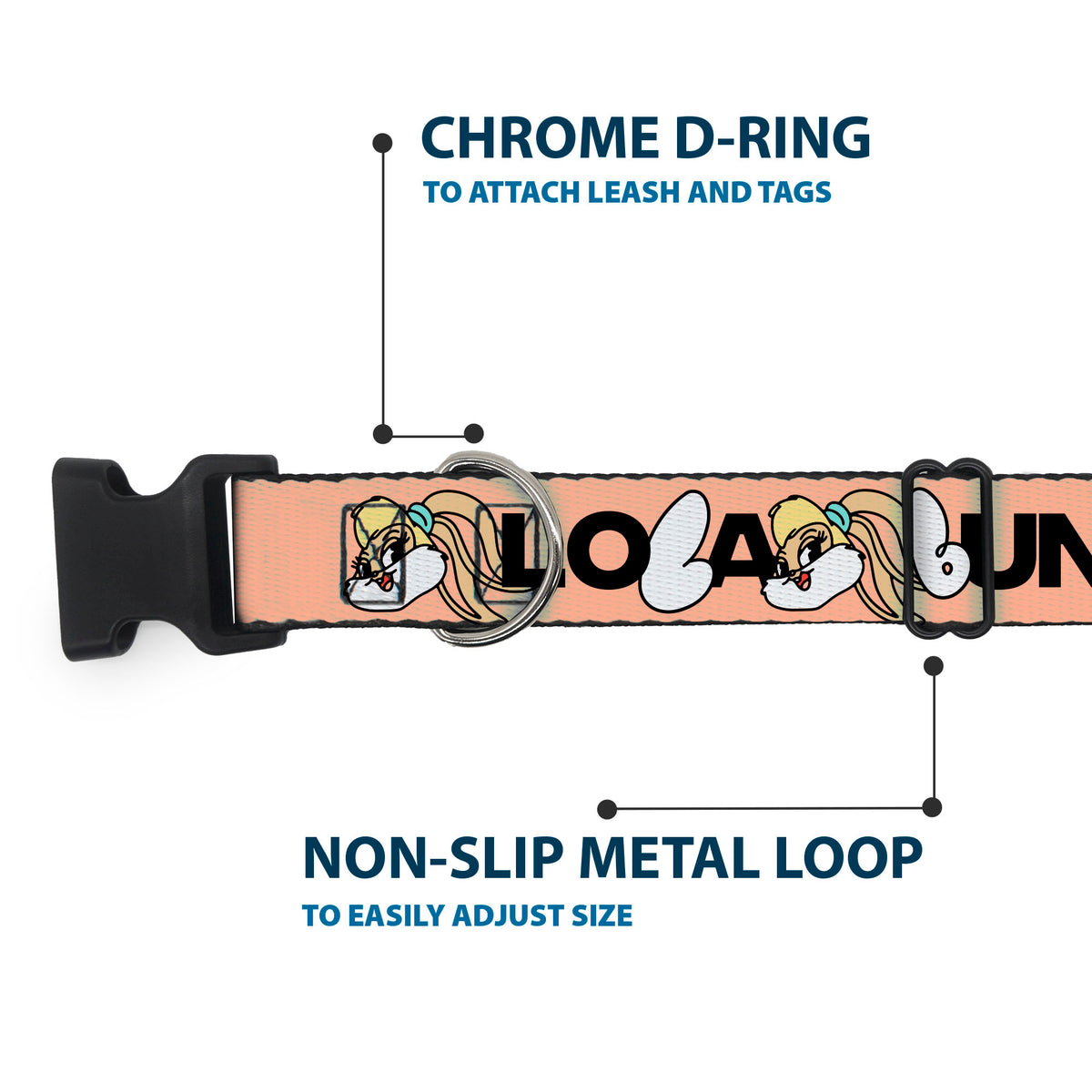 Plastic Clip Collar - LOLA BUNNY Smiling Face Text Peach Dog Collars Plastic Clip Side Release Looney Tunes