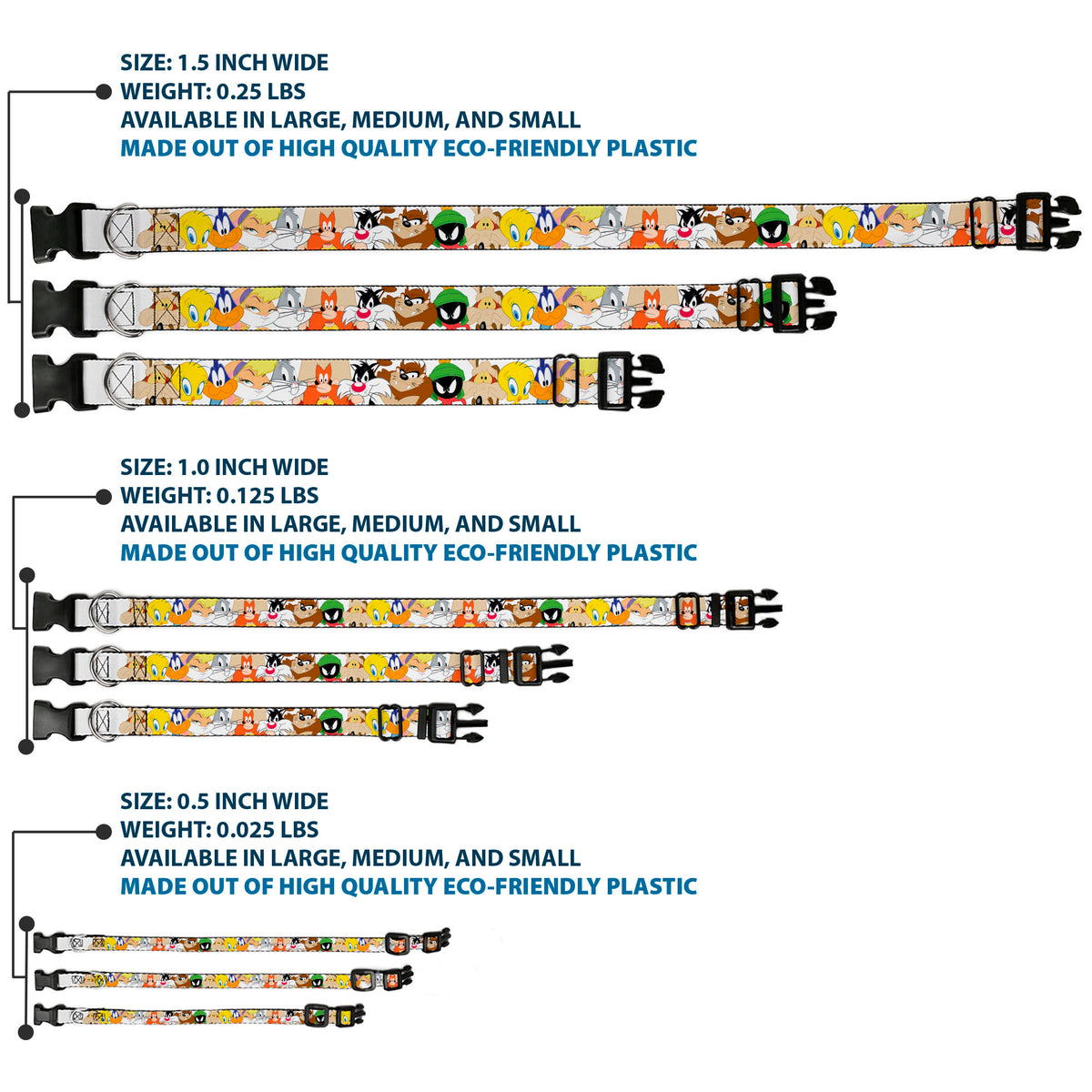 Plastic Clip Collar - Looney Tunes Nine Character Faces White Dog Collars Plastic Clip Side Release Looney Tunes