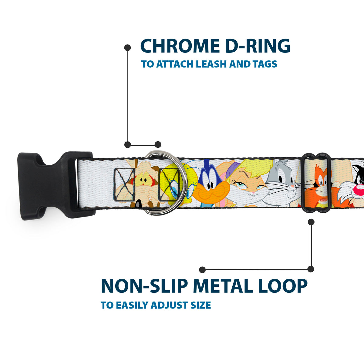 Plastic Clip Collar - Looney Tunes Nine Character Faces White Dog Collars Plastic Clip Side Release Looney Tunes