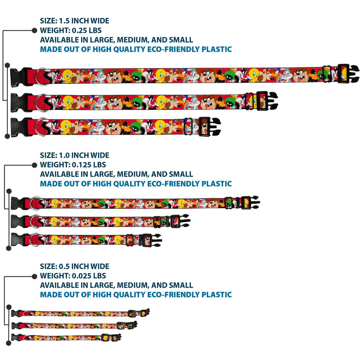 Plastic Clip Collar - Looney Tunes Eight Character Faces Red Dog Collars Plastic Clip Side Release Looney Tunes