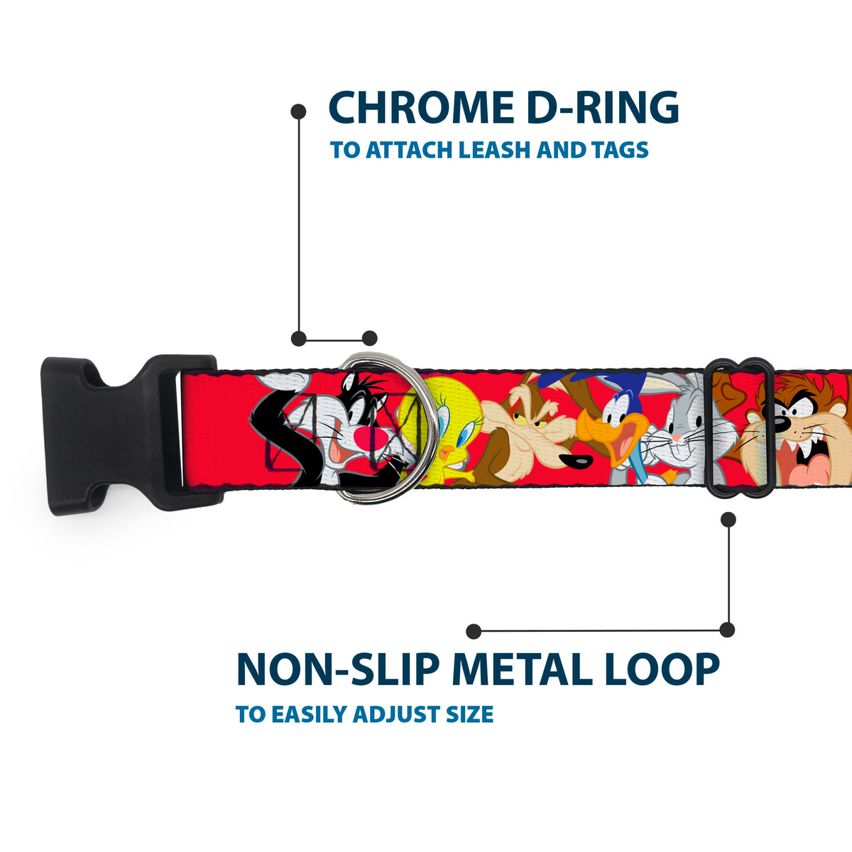 Plastic Clip Collar - Looney Tunes Eight Character Faces Red Dog Collars Plastic Clip Side Release Looney Tunes