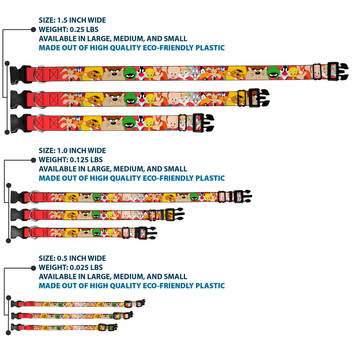 Plastic Clip Collar - Looney Tunes Twelve Character Expressions Red Dog Collars Plastic Clip Side Release Looney Tunes