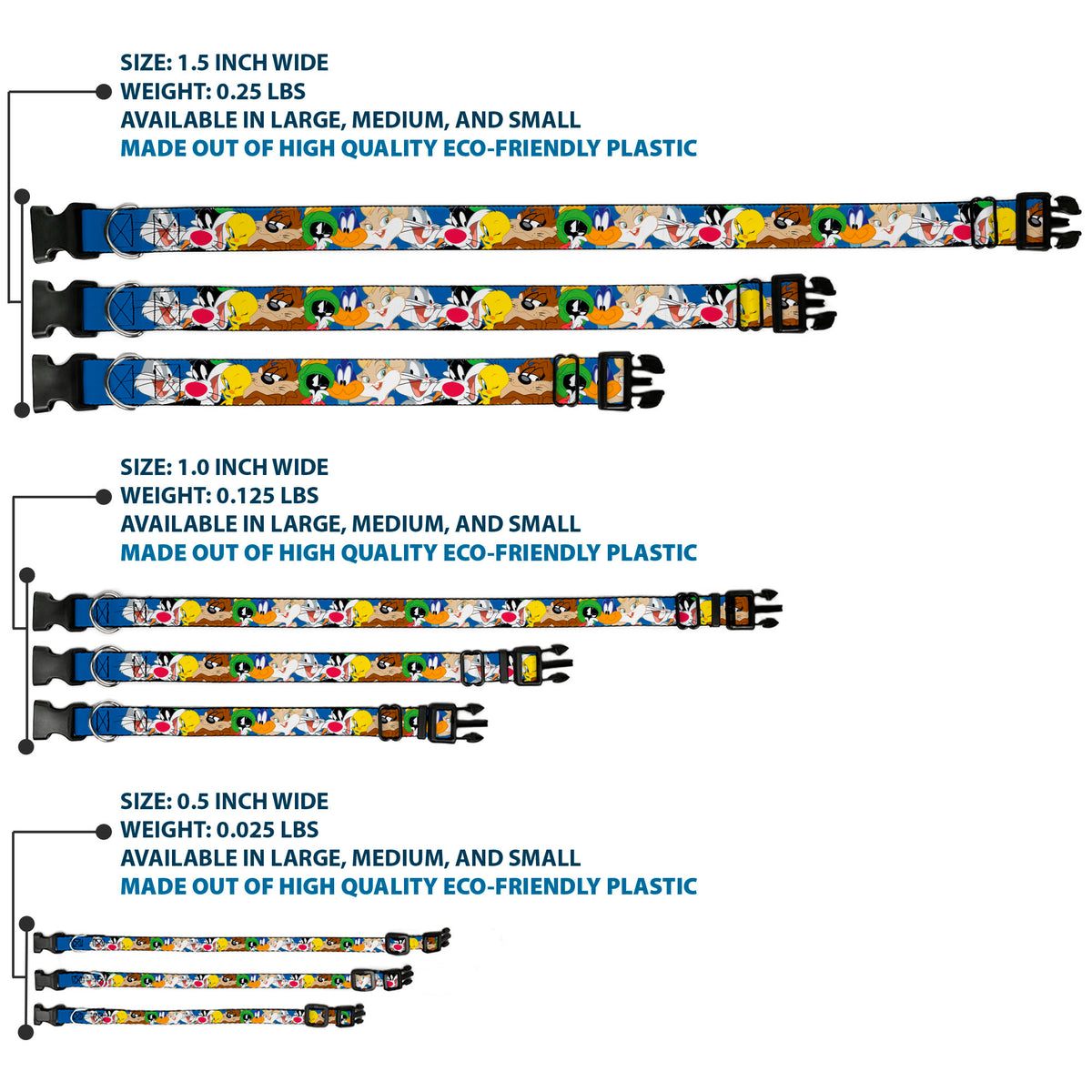 Plastic Clip Collar - Looney Tunes Seven Character Faces Stacked Blue Dog Collars Plastic Clip Side Release Looney Tunes
